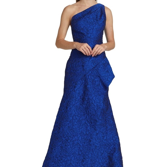 Teri Jon By Rickie Freeman Royal Blue Floral Lace Asymmetric Gown Dress - Picture 2 of 7